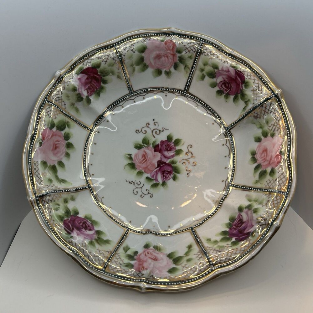 Nippon Porcelain Bowl with Hand Painted‎ Roses and Gold Beading Vintage JAPAN